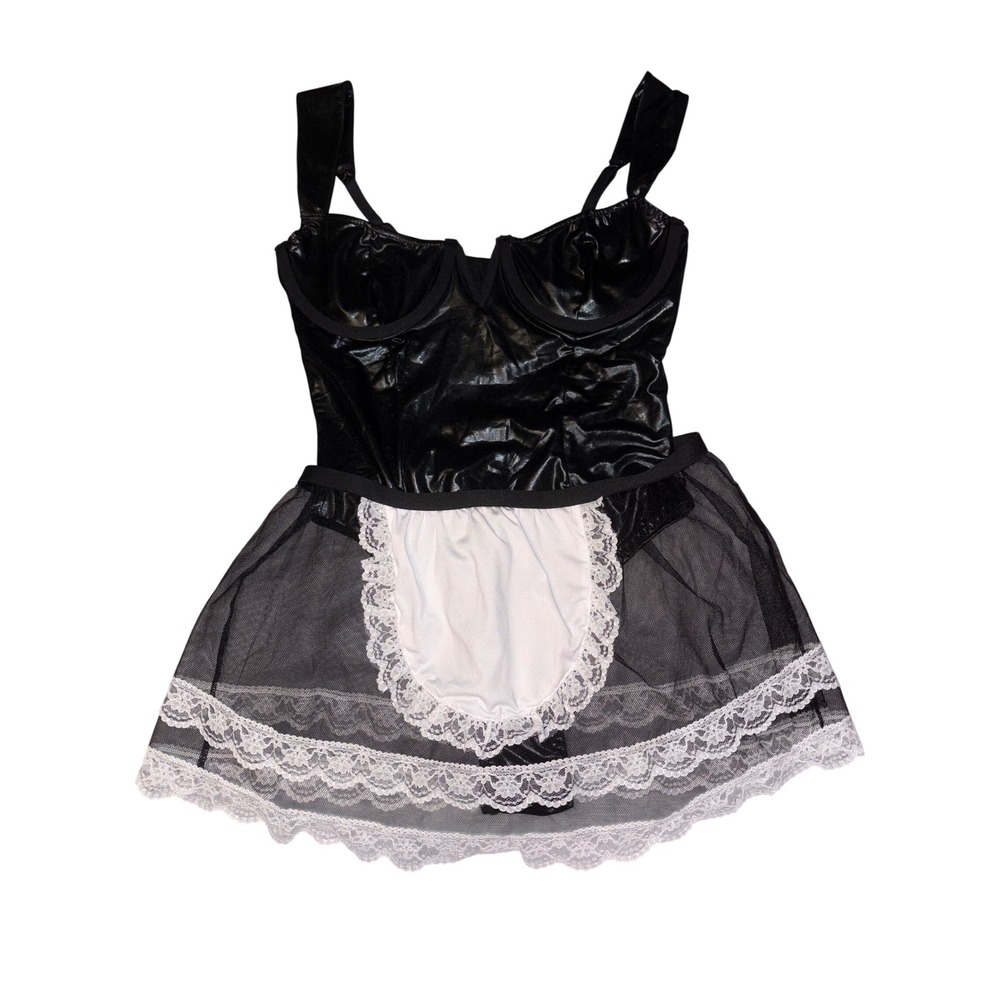 Fantasy Lingerie Black Faux Leather Maid Costume‎ Teddy Bodysuit Set S/M